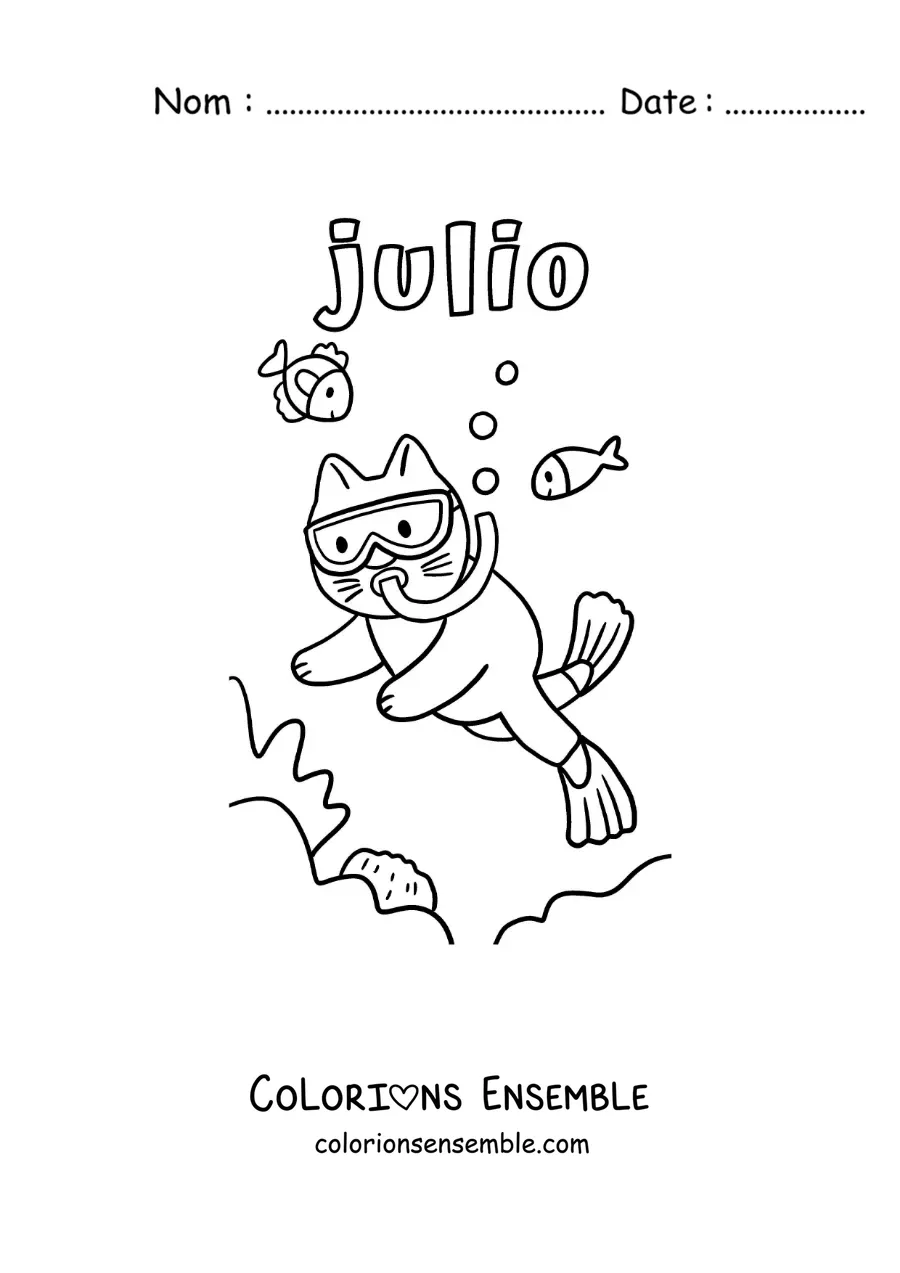 Coloriage de juillet avec un chat rigolo qui plonge
