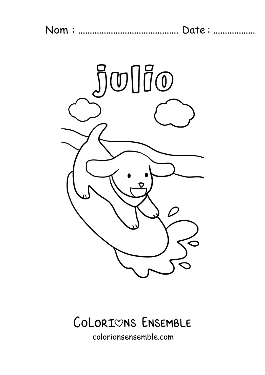 Coloriage de juillet avec un chien rigolo qui fait du surf
