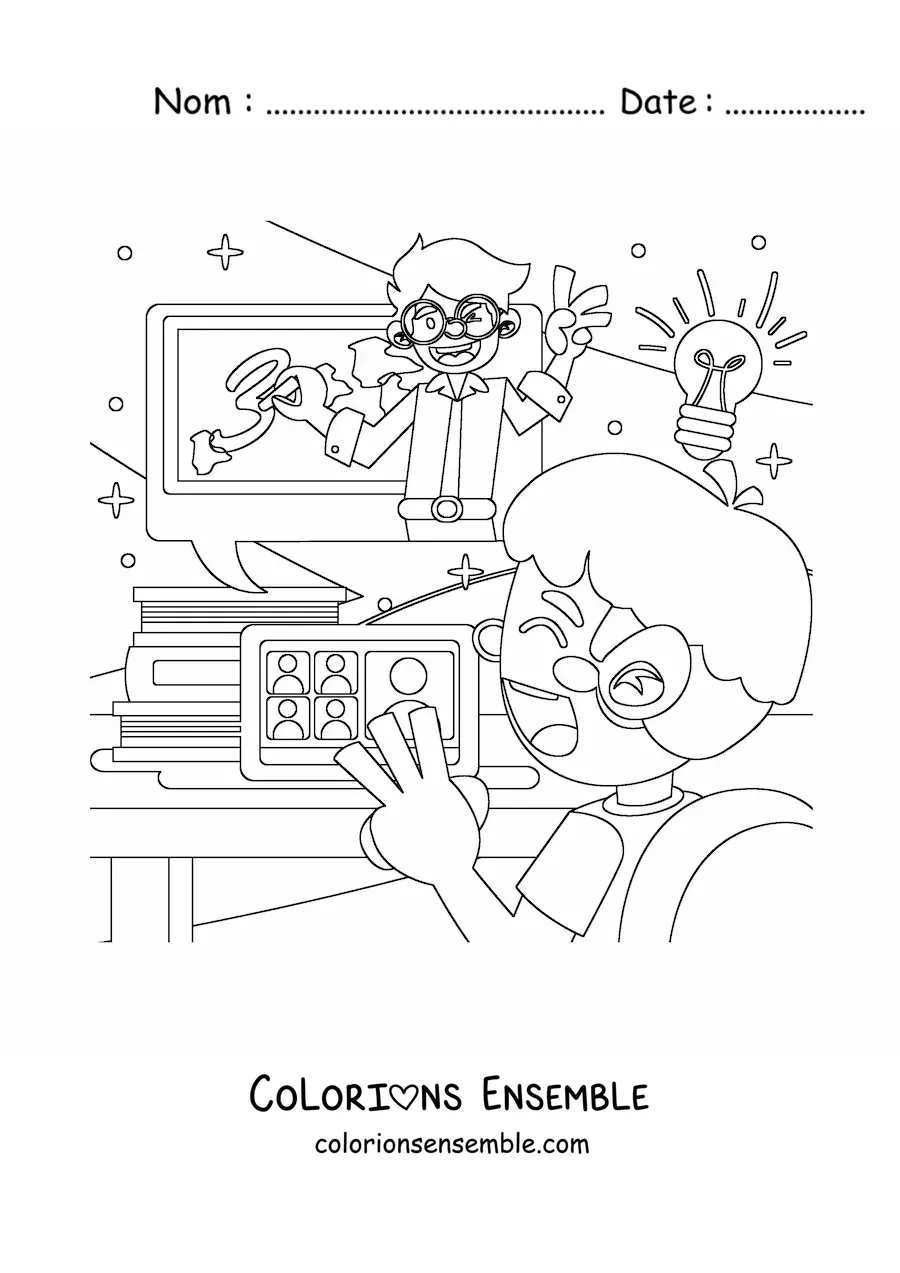 Image à colorier d’un élève regardant son professeur donner cours sur l’ordinateur portable