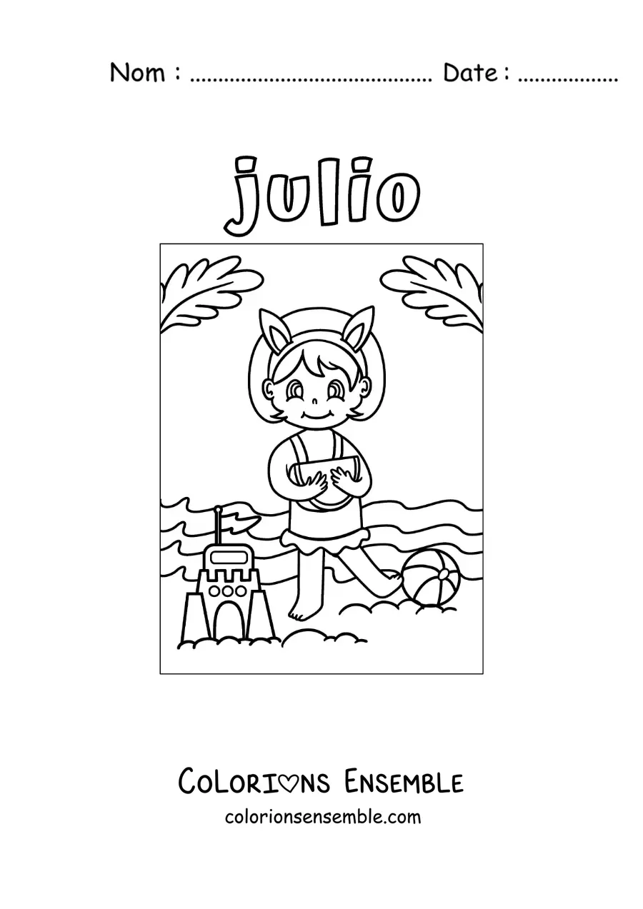 Coloriage de juillet avec une fille à la plage qui construit un château de sable