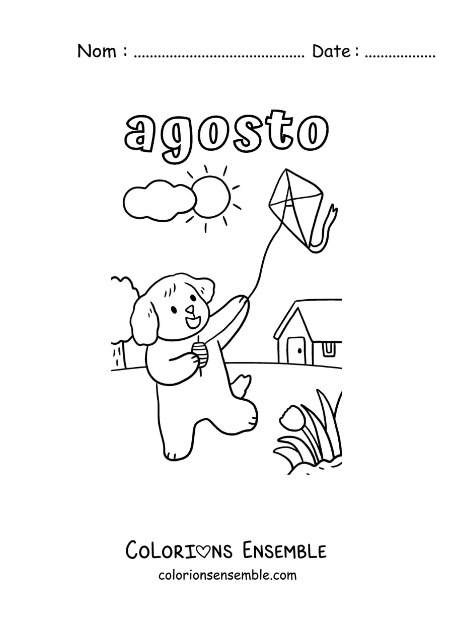 Coloriage d’août avec un chien rigolo qui fait voler un cerf-volant
