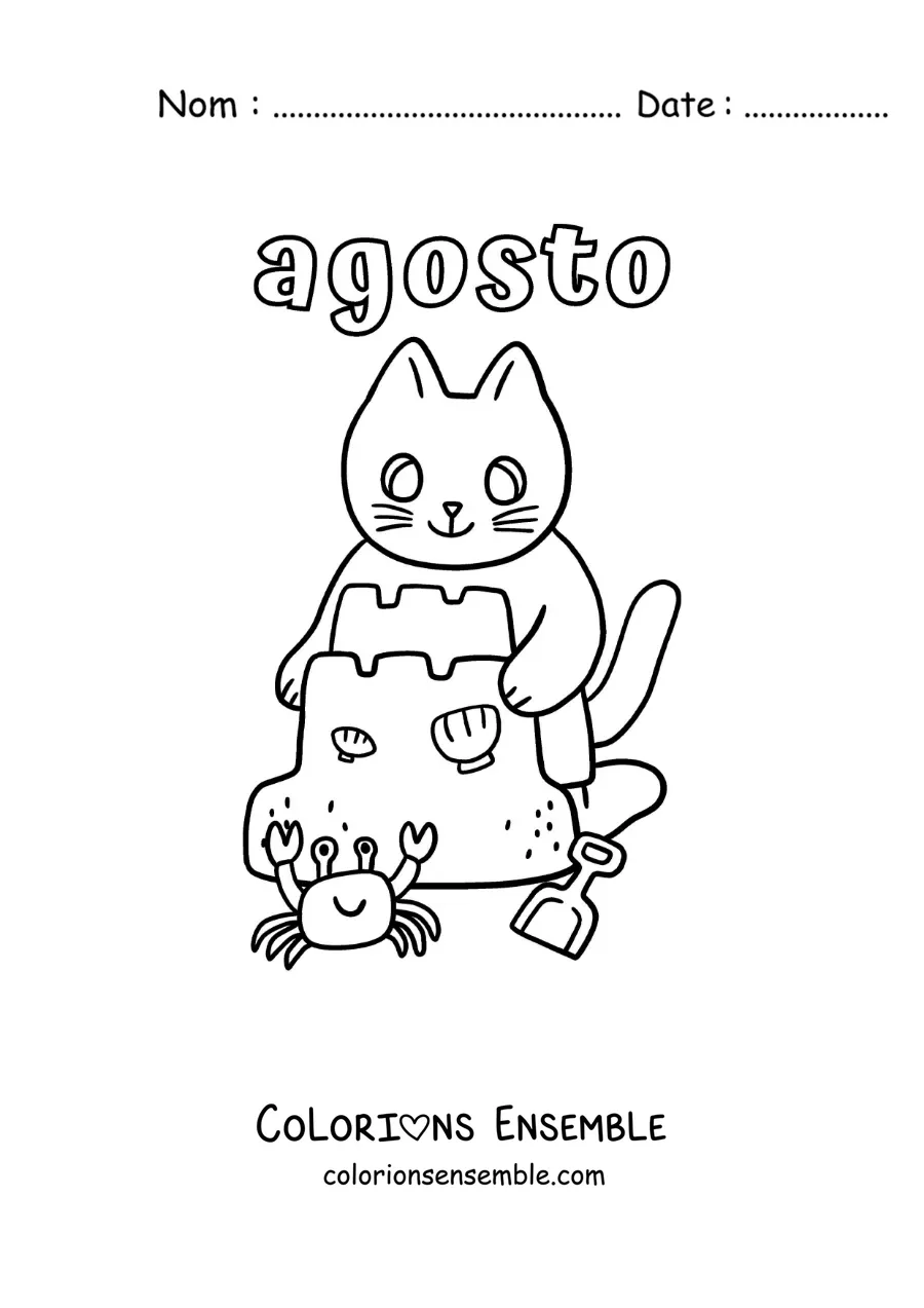 Coloriage d’août avec un chat rigolo qui construit un château de sable