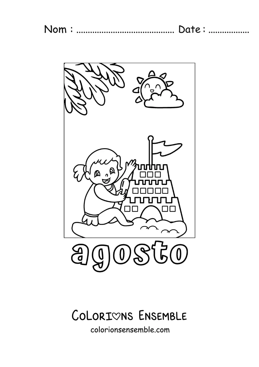 Coloriage d’août avec une fille en vacances qui construit un château de sable
