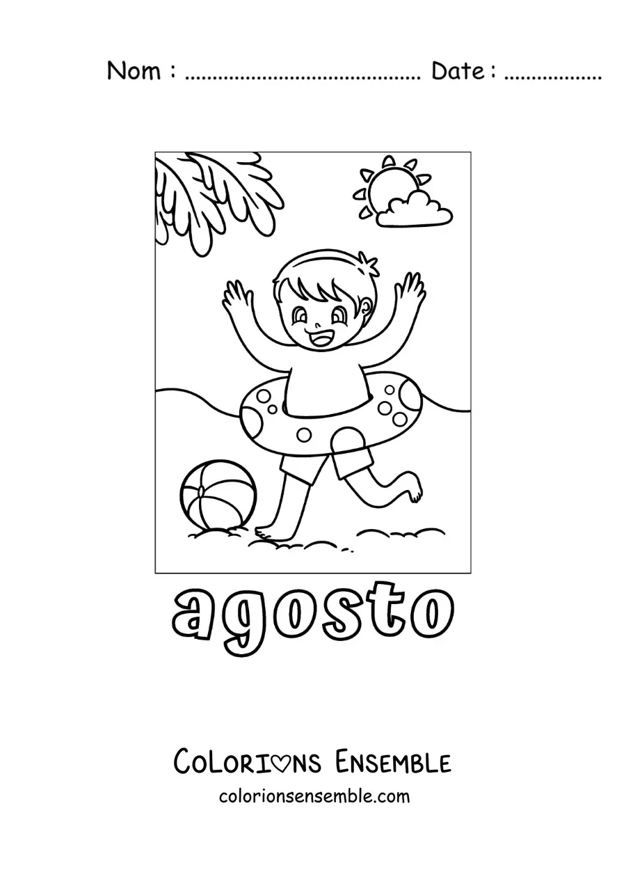 Coloriage d’août avec un garçon qui joue à la plage