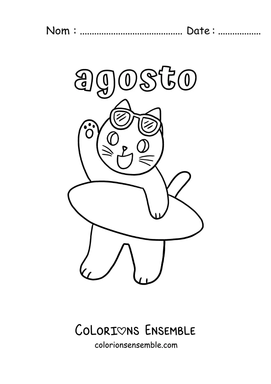 Coloriage d’août avec un chat rigolo qui tient une planche de surf