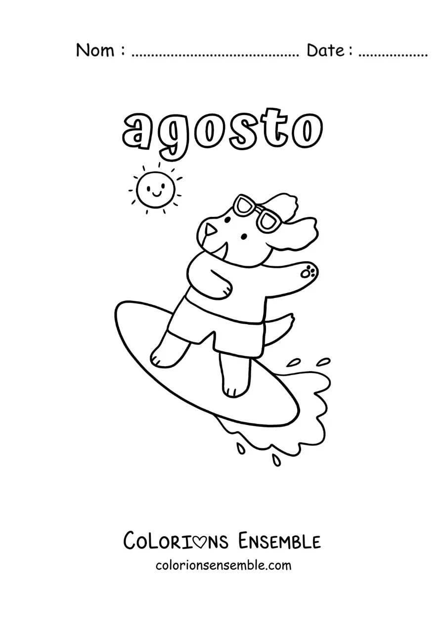 Coloriage d’août avec un chien rigolo qui fait du surf