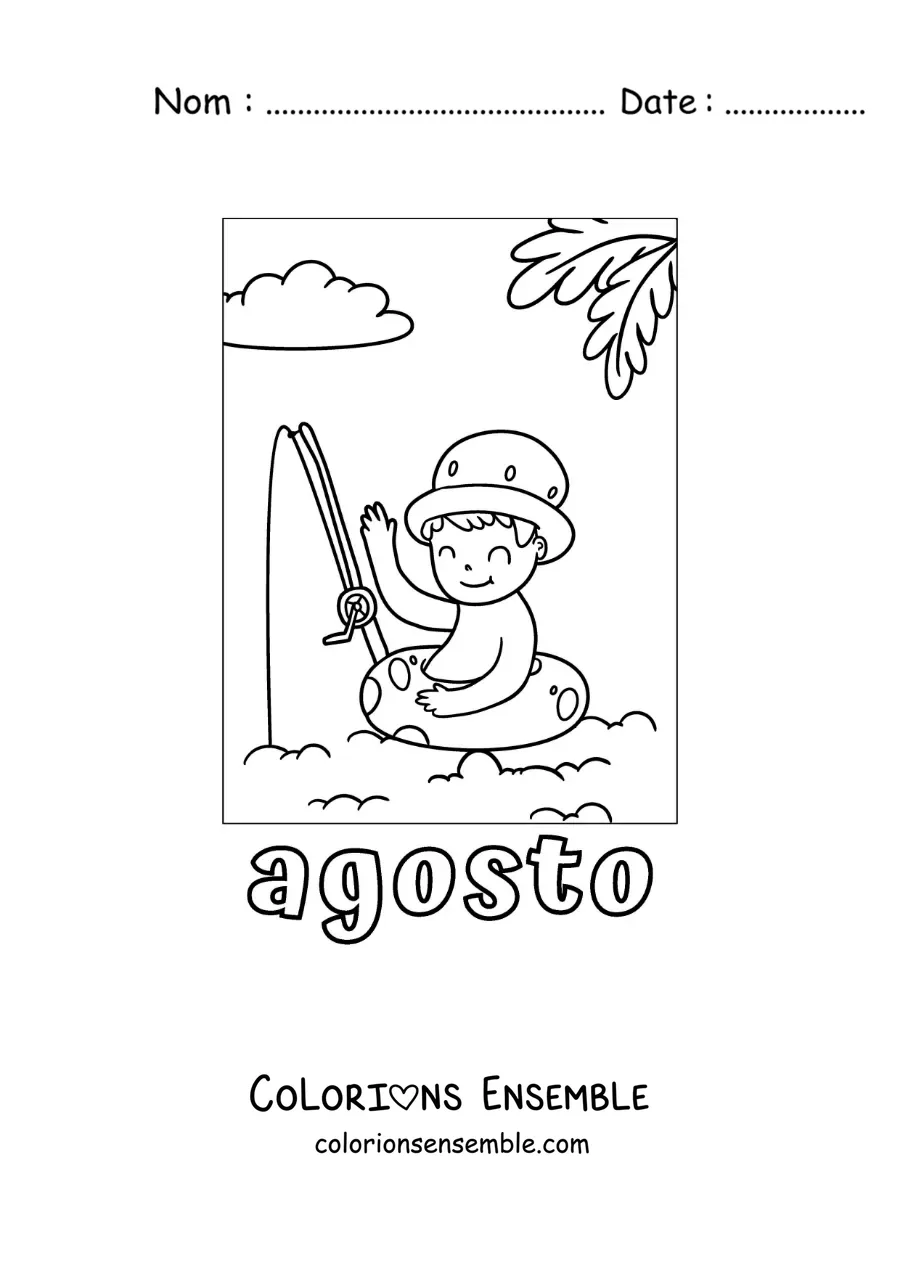 Coloriage d’août avec un garçon en vacances qui pêche à la plage