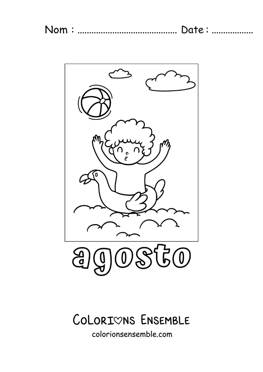 Coloriage d’août avec un garçon en vacances qui joue dans la piscine
