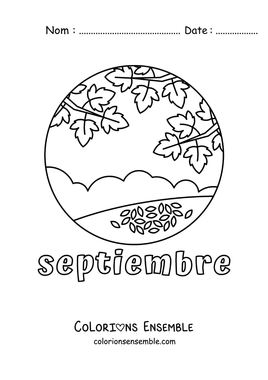 Coloriage de septembre avec des feuilles qui tombent en automne