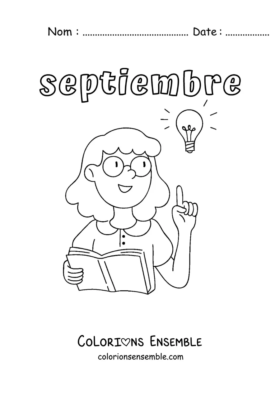 Coloriage de septembre avec une enseignante qui fait la classe