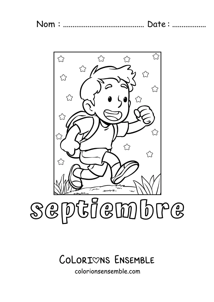 Coloriage de septembre avec un enfant en route pour l’école