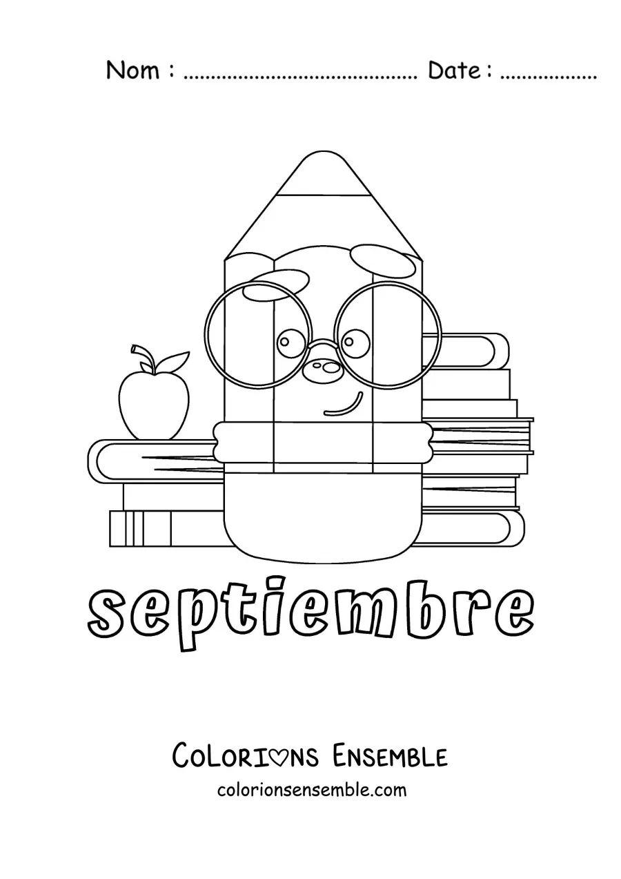 Coloriage de septembre avec un crayon rigolo et des fournitures scolaires