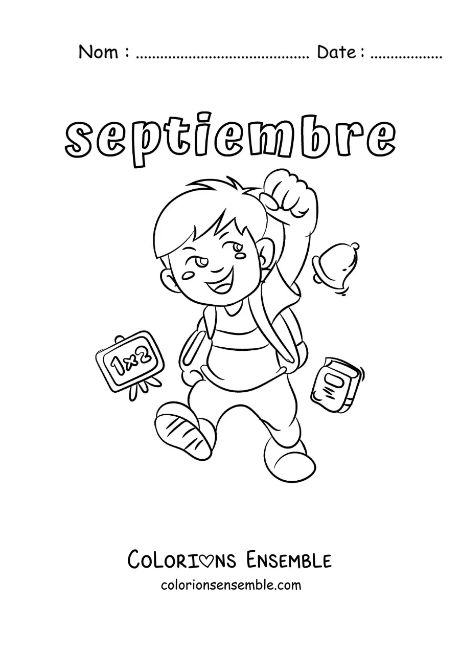 Coloriage de septembre avec un enfant qui fait sa rentrée scolaire