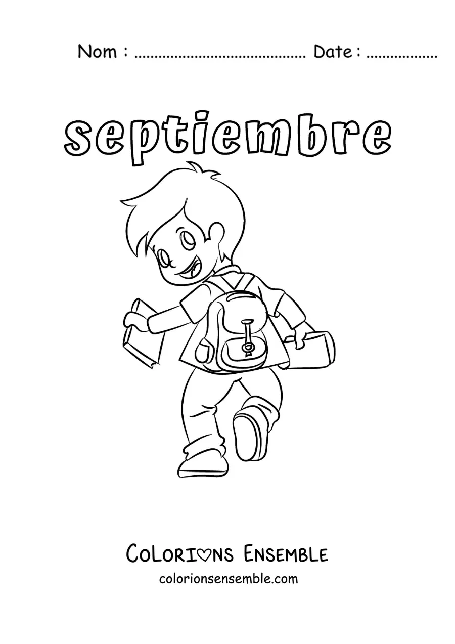 Coloriage de septembre avec un enfant en route pour l’école