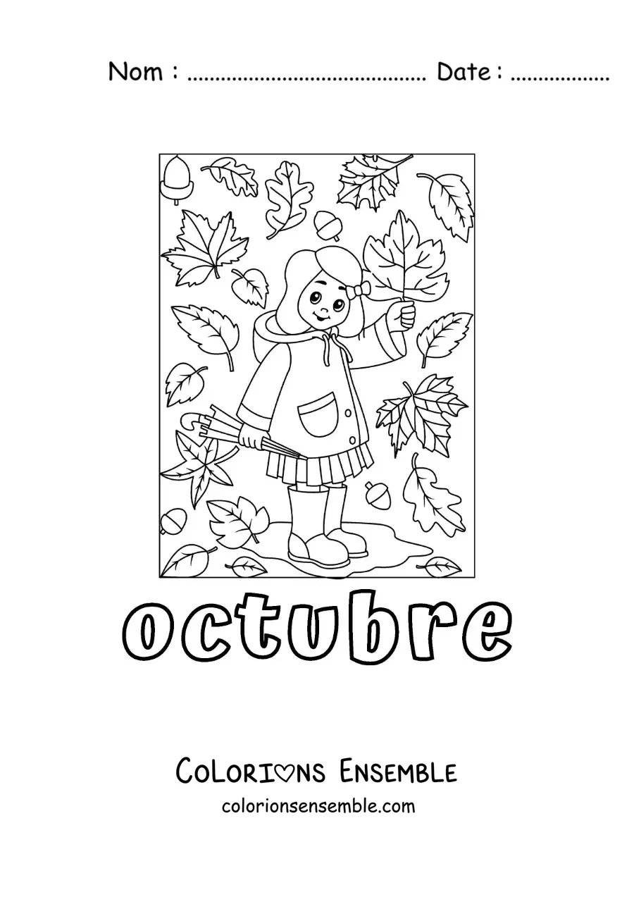 Coloriage d’octobre avec une fille parmi les feuilles d’automne