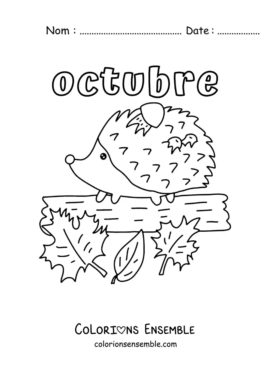 Coloriage d’octobre avec un porc-épic parmi les feuilles d’automne