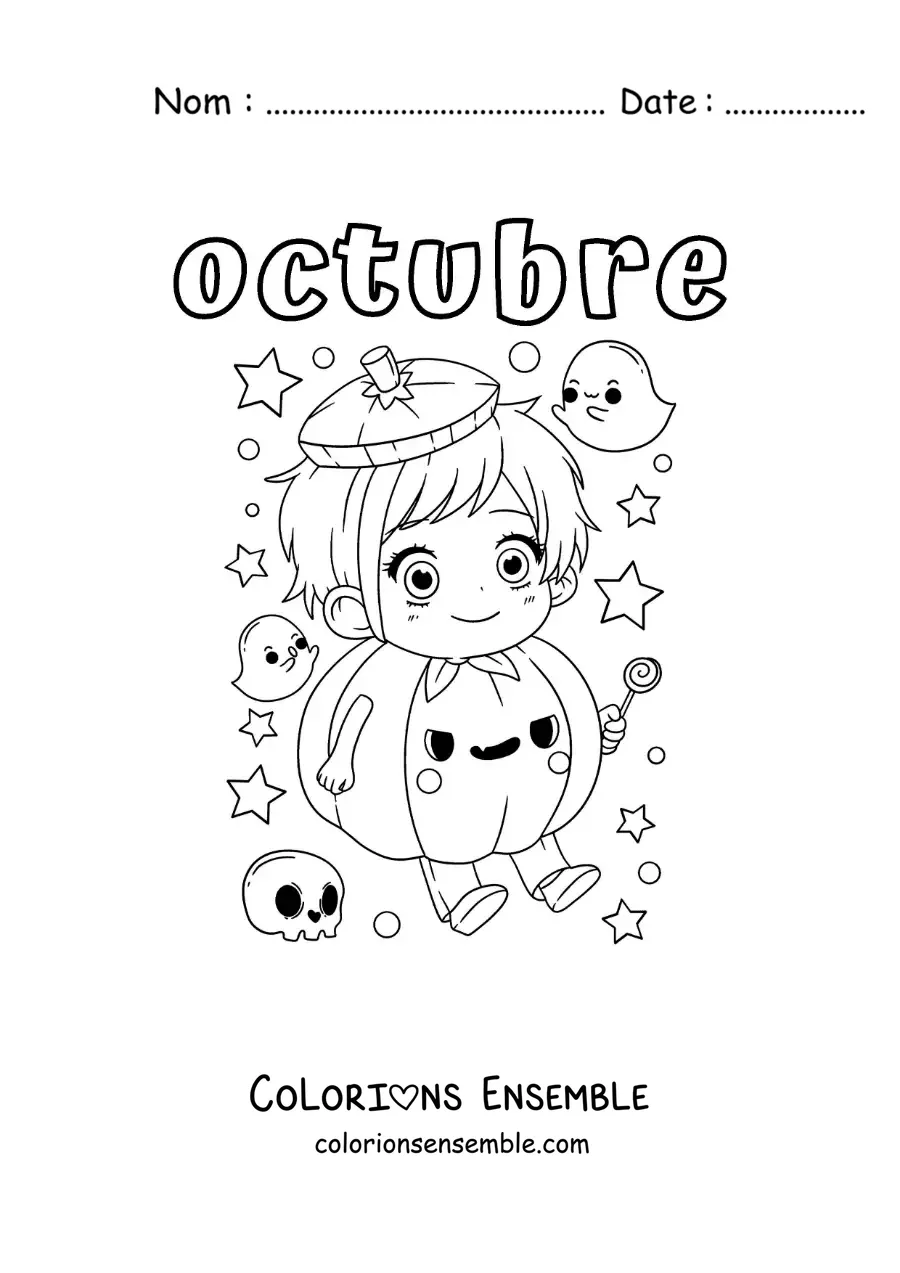 Image à colorier d'octobre avec un enfant déguisé en citrouille kawaii d'Halloween