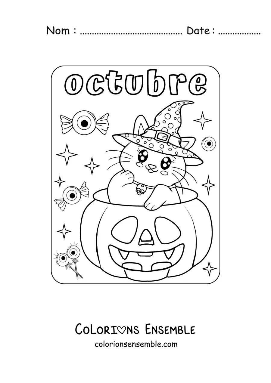 Image à colorier d'octobre avec un chat kawaii installé dans une citrouille d'Halloween