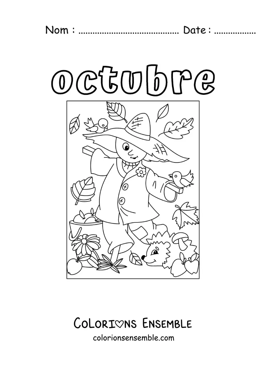 Image à colorier d'octobre avec un épouvantail tout mignon en pleine saison d'automne