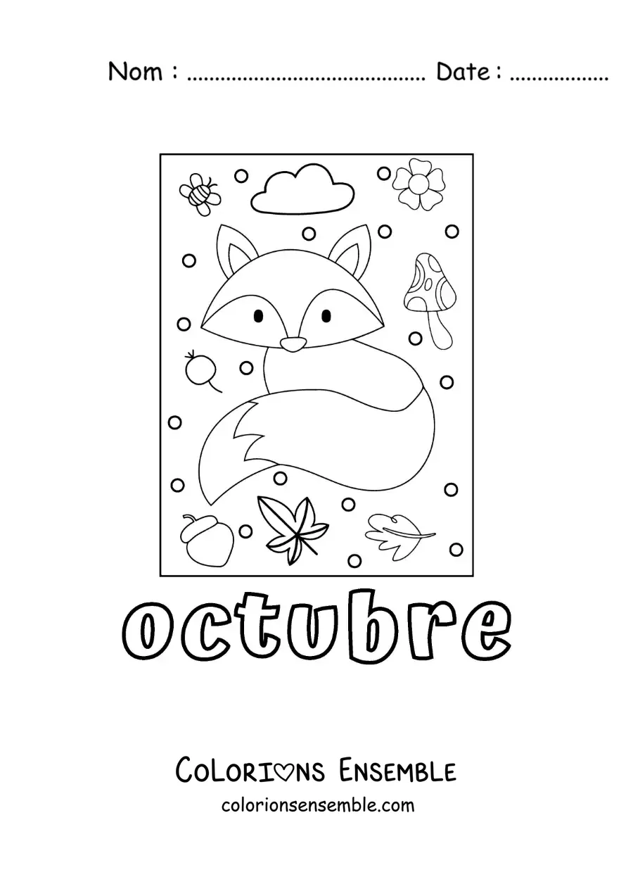 Image à colorier d'octobre avec un renard entouré de feuilles d'automne