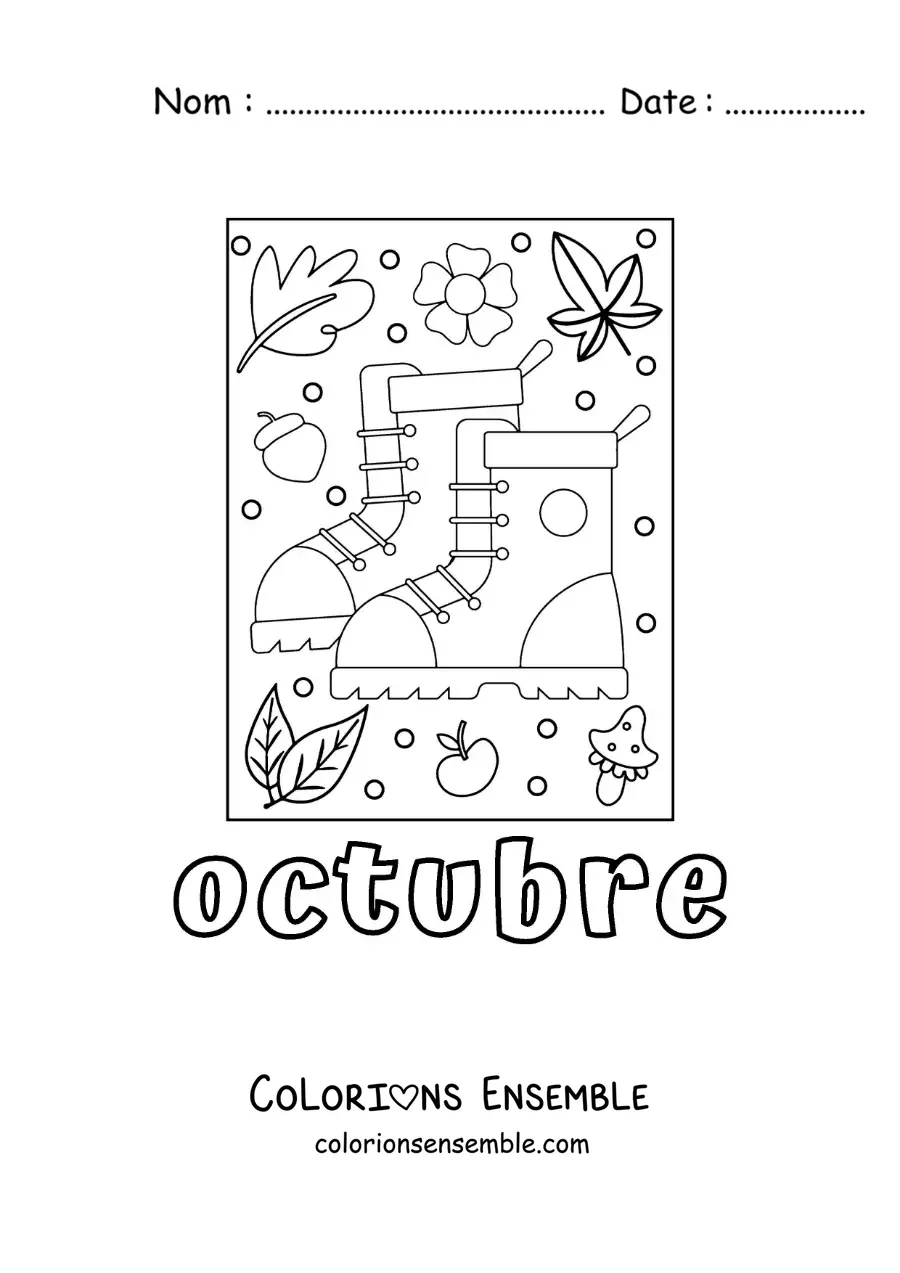 Image à colorier d'octobre avec une paire de bottes posées parmi les feuilles d'automne