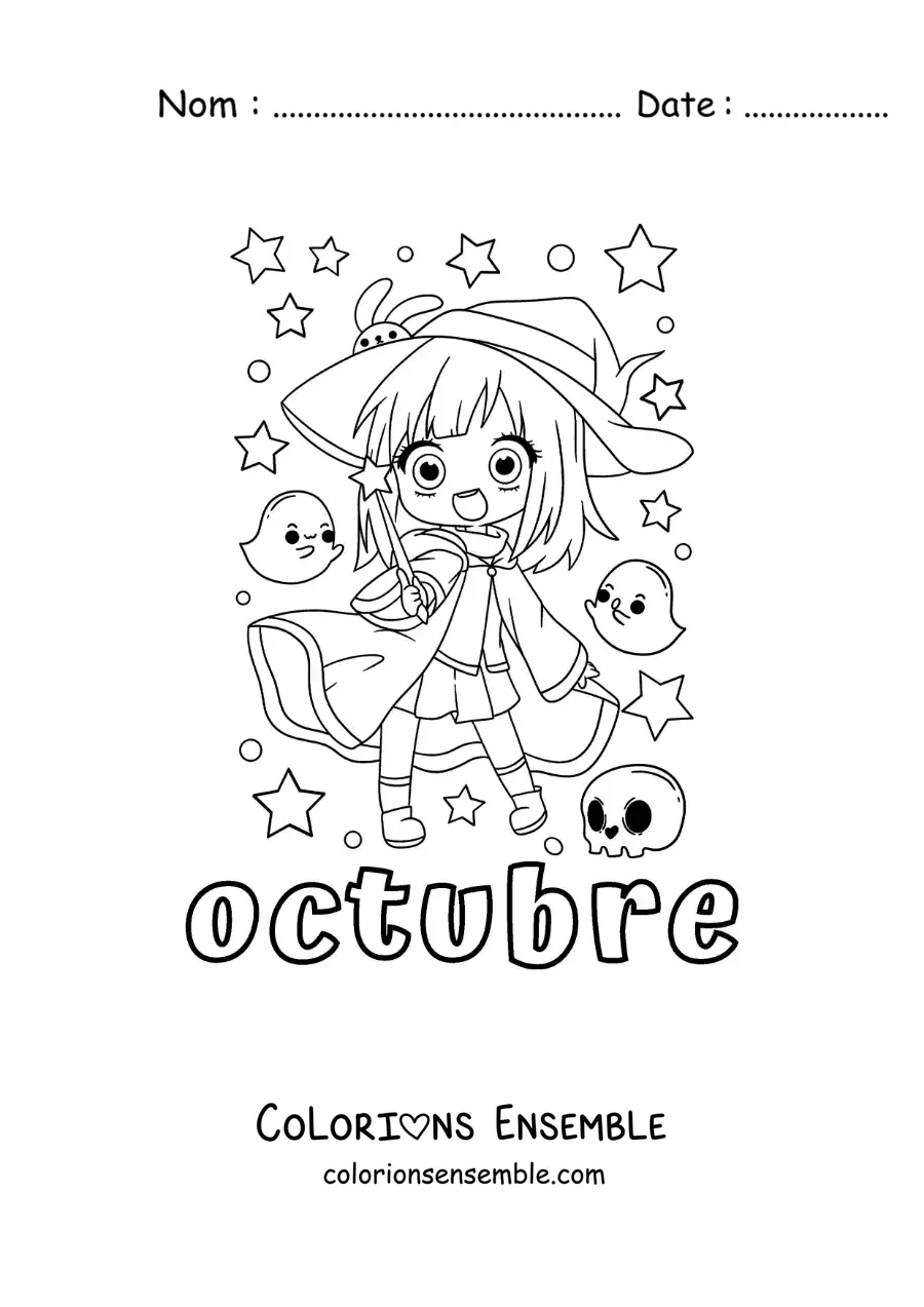 Image à colorier d'octobre avec une fille déguisée en gentille sorcière kawaii d'Halloween