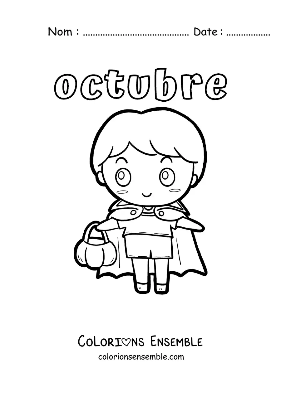 Image à colorier d'octobre avec un garçon tout mignon déguisé en vampire d'Halloween