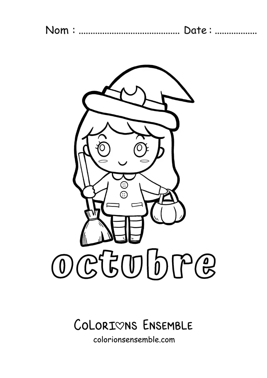 Image à colorier d'octobre avec une fille toute mignonne déguisée en sorcière d'Halloween