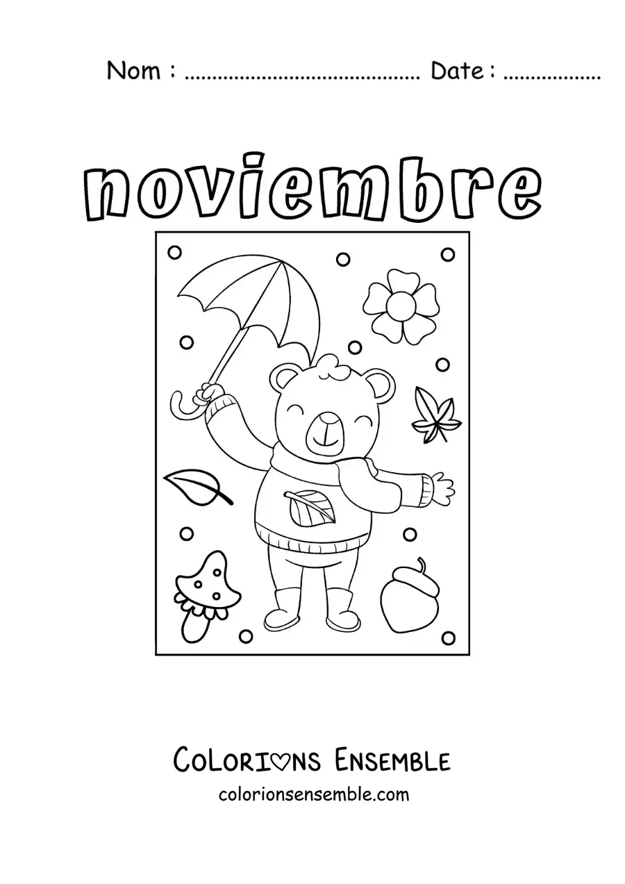 Image à colorier de novembre avec un ours tout mignon portant un manteau d'automne