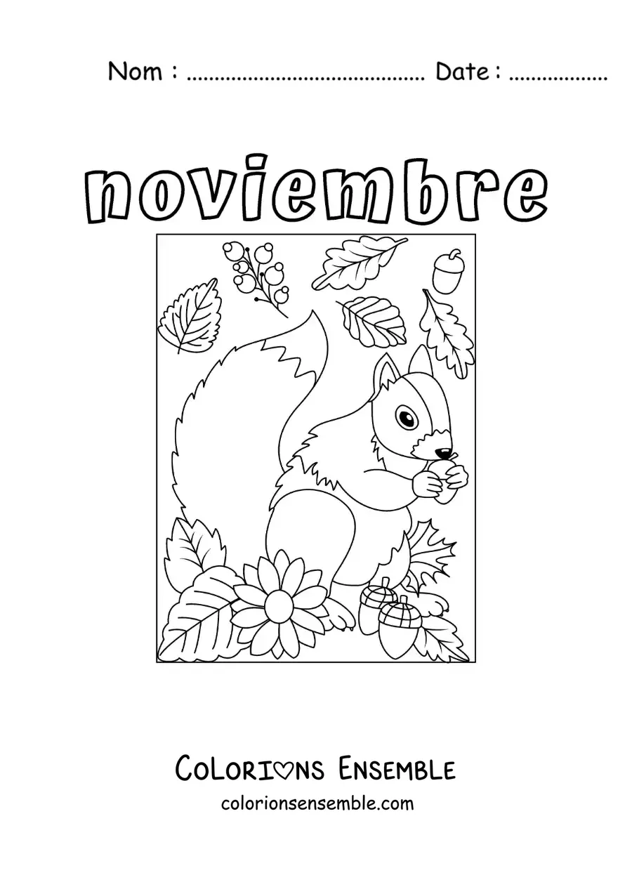 Image à colorier de novembre avec un écureuil entouré de feuilles d'automne