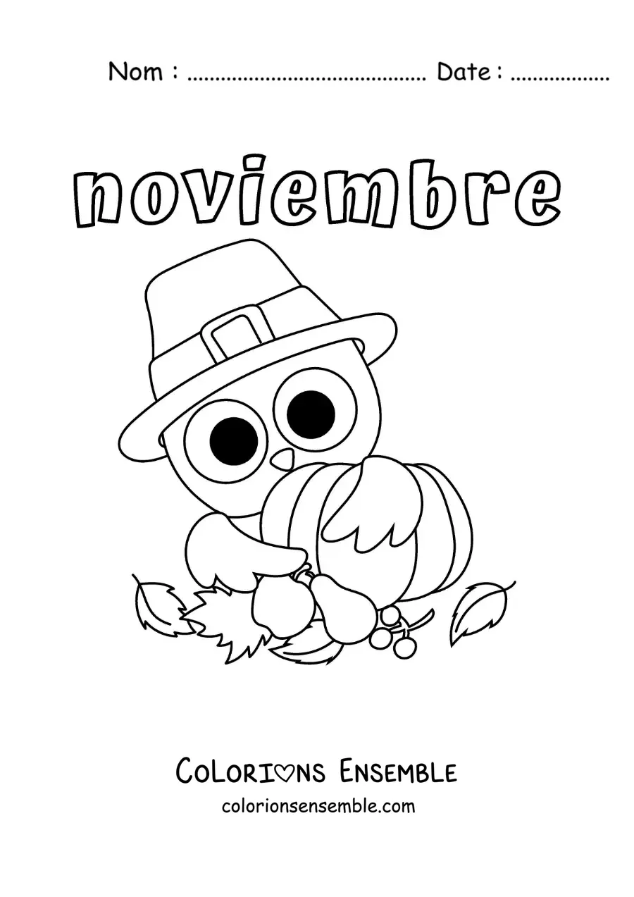 Image à colorier de novembre avec un hibou tout mignon pour Thanksgiving