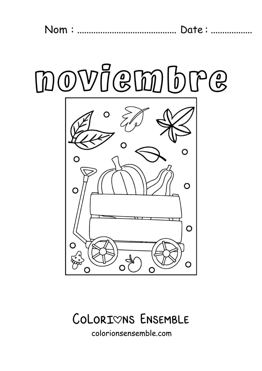 Image à colorier de novembre avec une charrette remplie de citrouilles d'automne