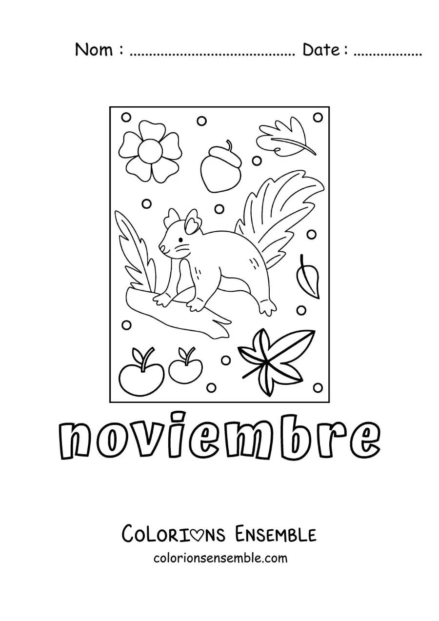 Image à colorier de novembre avec un écureuil tout mignon et des feuilles d'automne