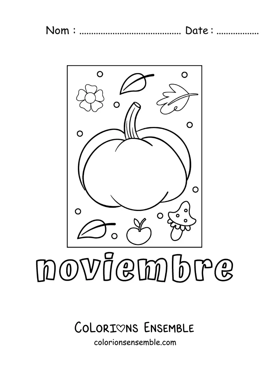 Image à colorier de novembre avec une citrouille et des feuilles d'automne