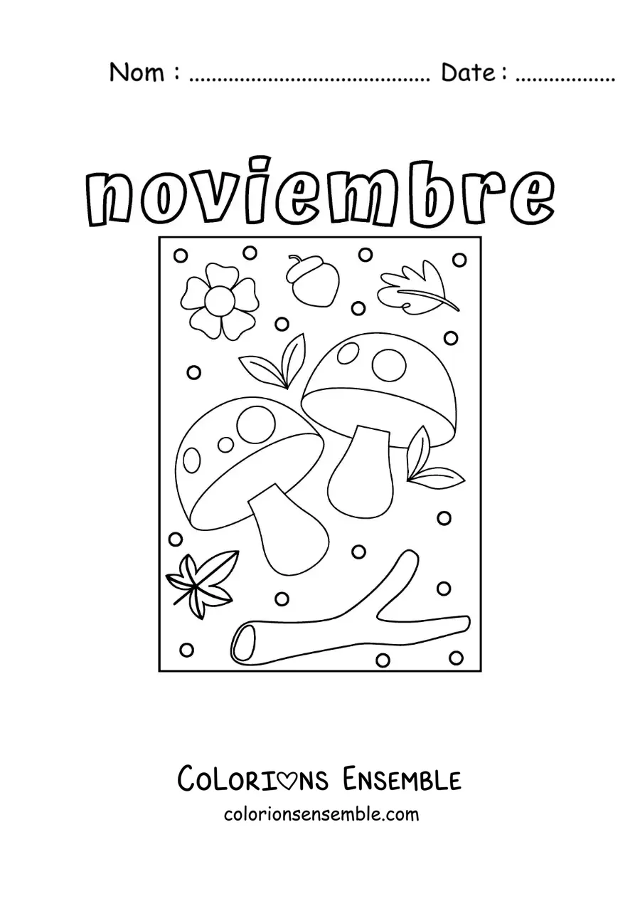 Image à colorier de novembre avec des champignons et des feuilles d'automne