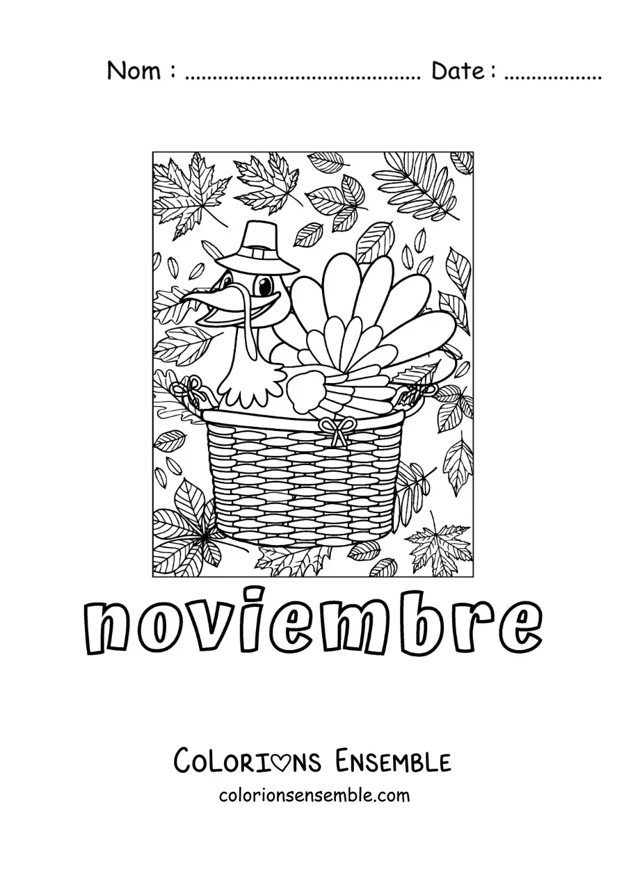 Image à colorier de novembre avec une dinde toute mignonne pour Thanksgiving