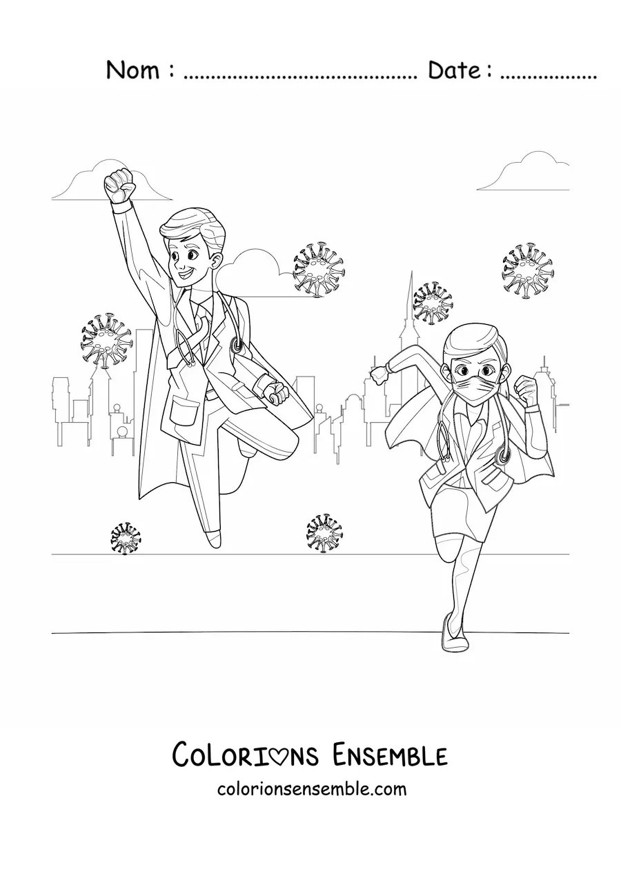 Image à colorier de deux médecins super-héros luttant contre le coronavirus