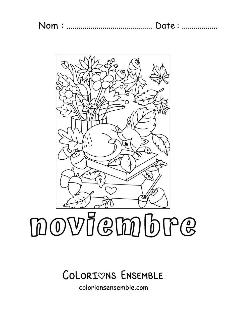 Image à colorier de novembre avec un chat endormi sur une pile de livres en automne