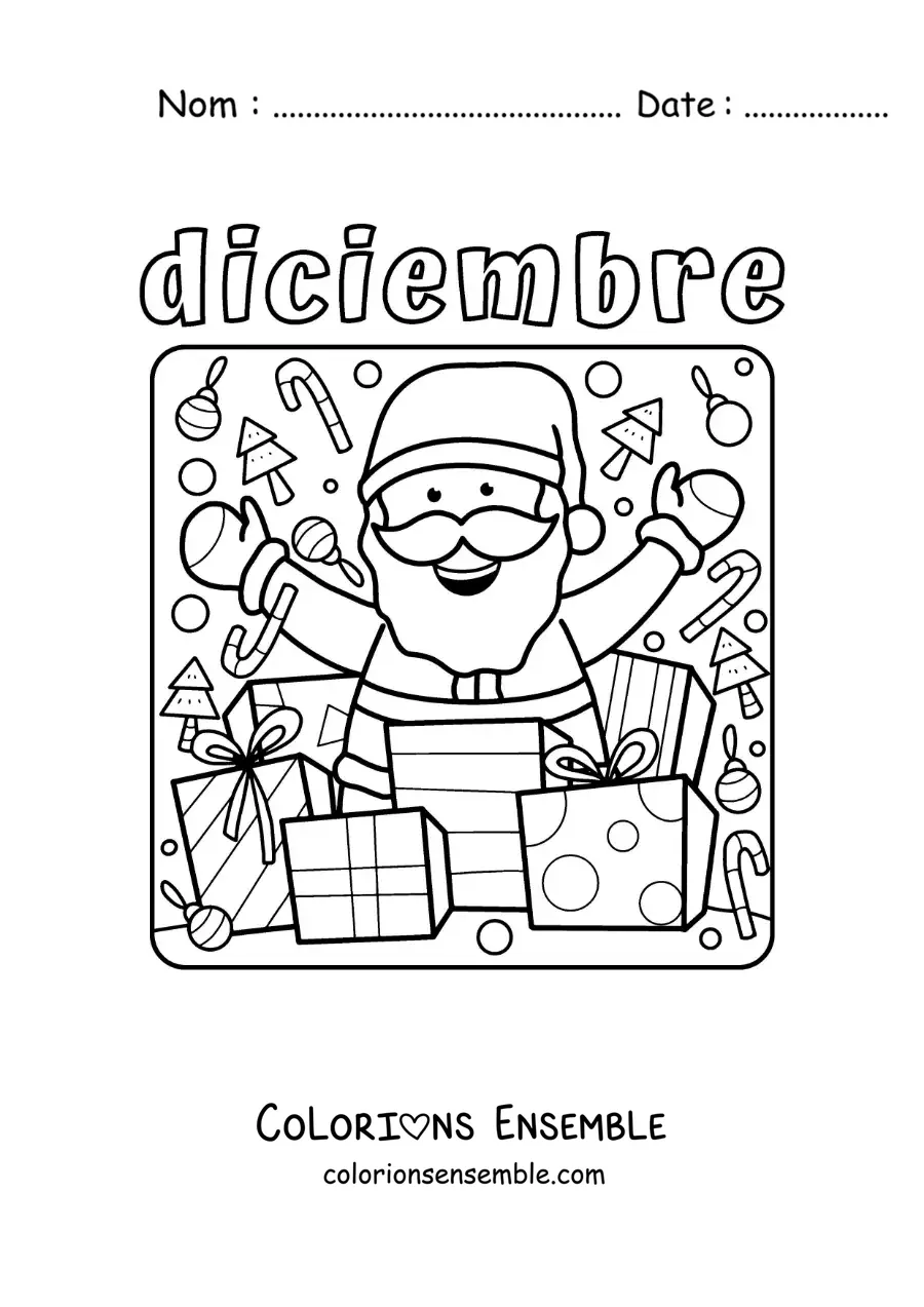 Image à colorier de décembre avec un Père Noël tout mignon portant des cadeaux