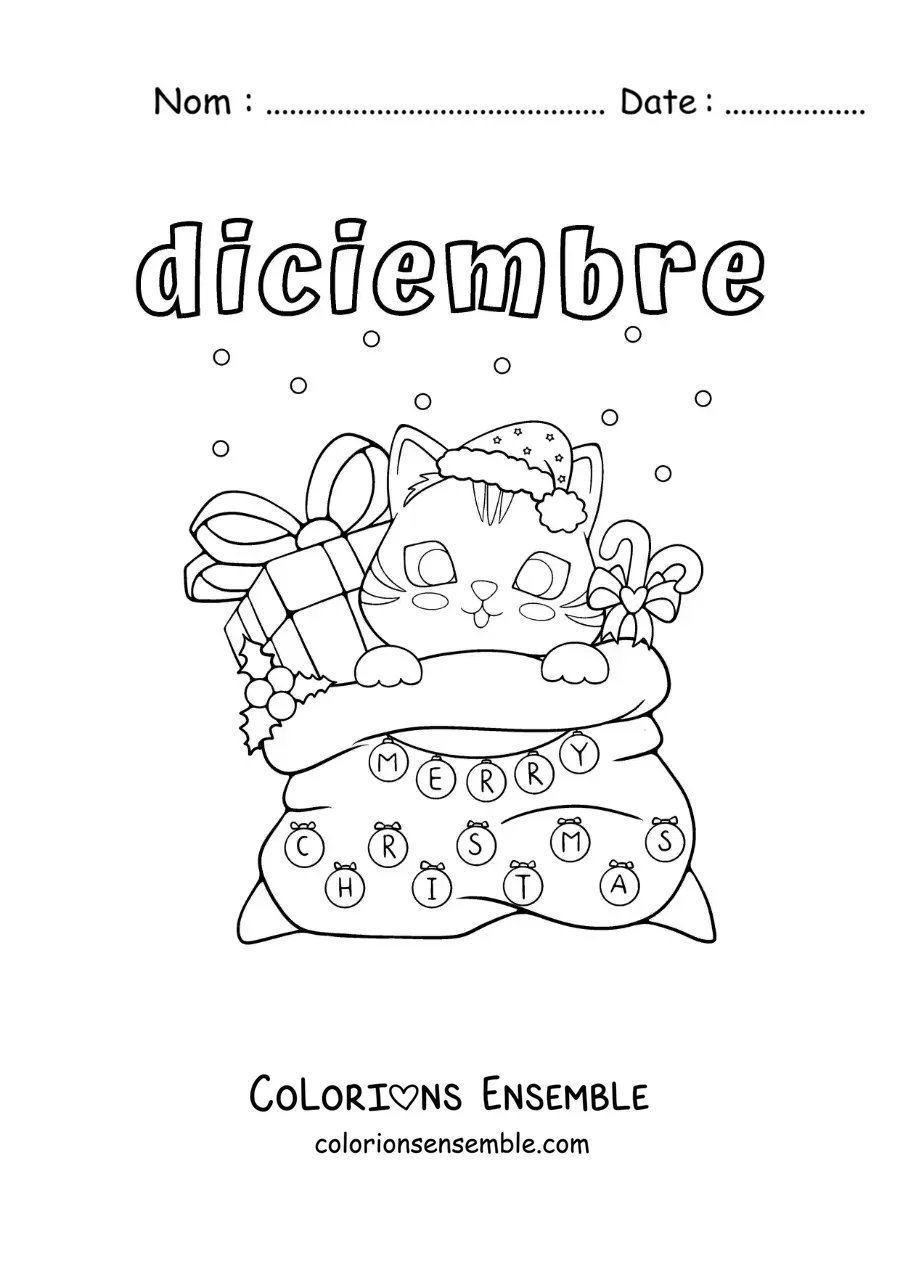 Image à colorier de décembre avec un chat tout mignon dans un sac de cadeaux