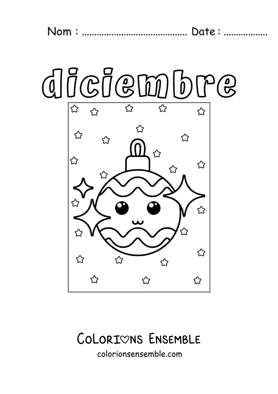 Image à colorier de décembre avec une boule de Noël kawaii toute mignonne