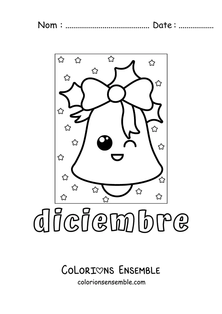 Image à colorier de décembre avec une cloche de Noël kawaii toute mignonne