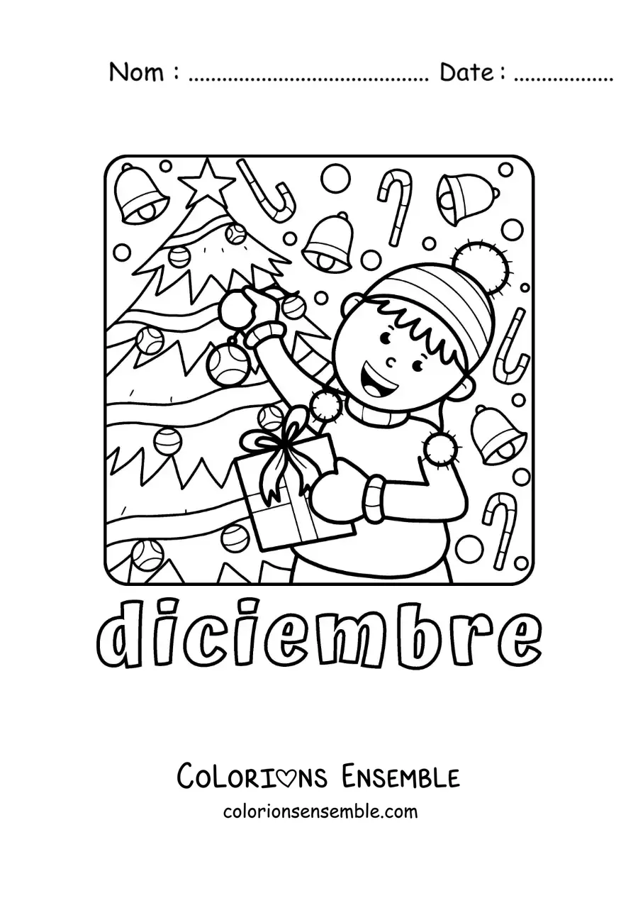 Image à colorier de décembre avec un enfant tenant des cadeaux près du sapin de Noël