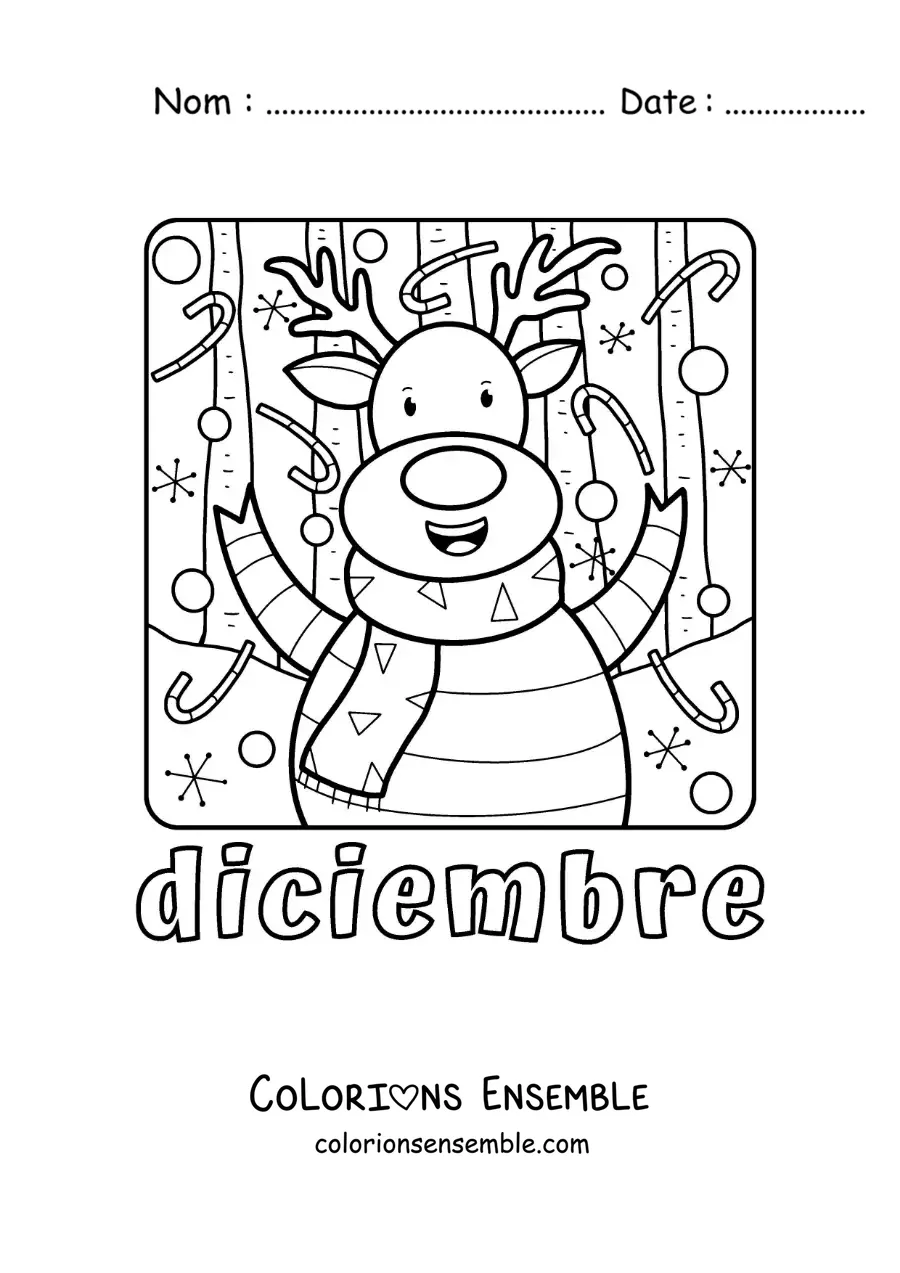 Image à colorier de décembre avec un renne de Noël tout mignon