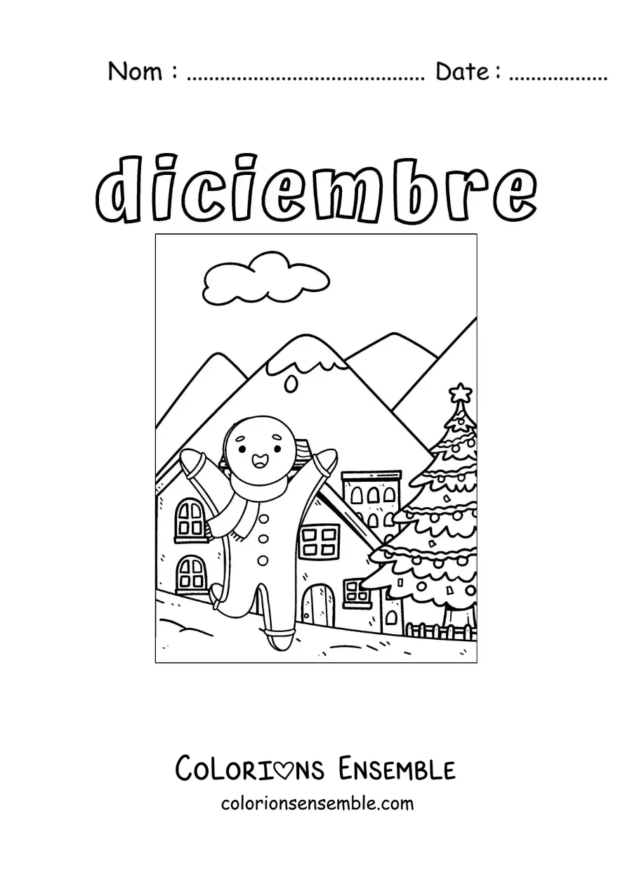 Image à colorier de décembre avec un bonhomme en pain d'épice de Noël tout mignon