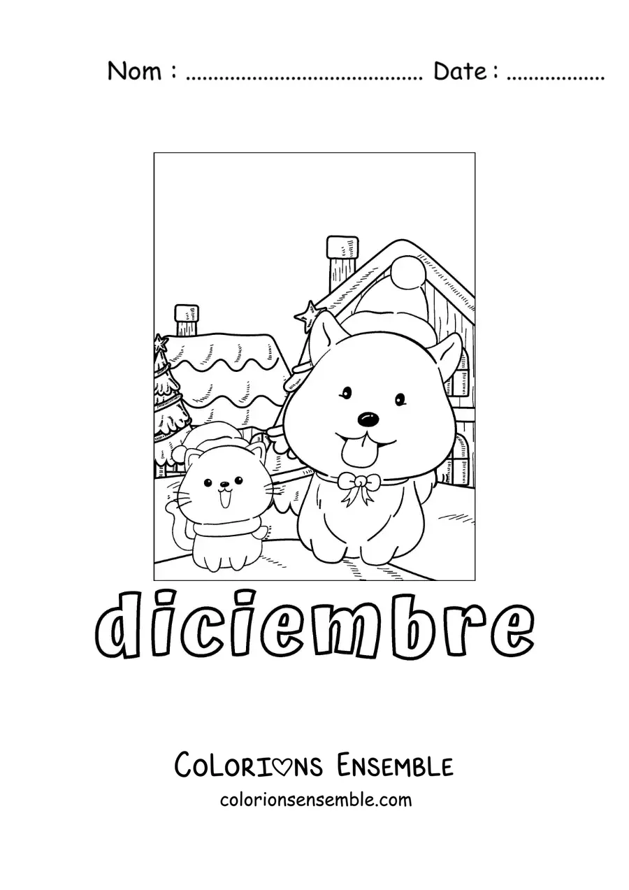 Image à colorier de décembre avec un chien et un chat de Noël tout mignons
