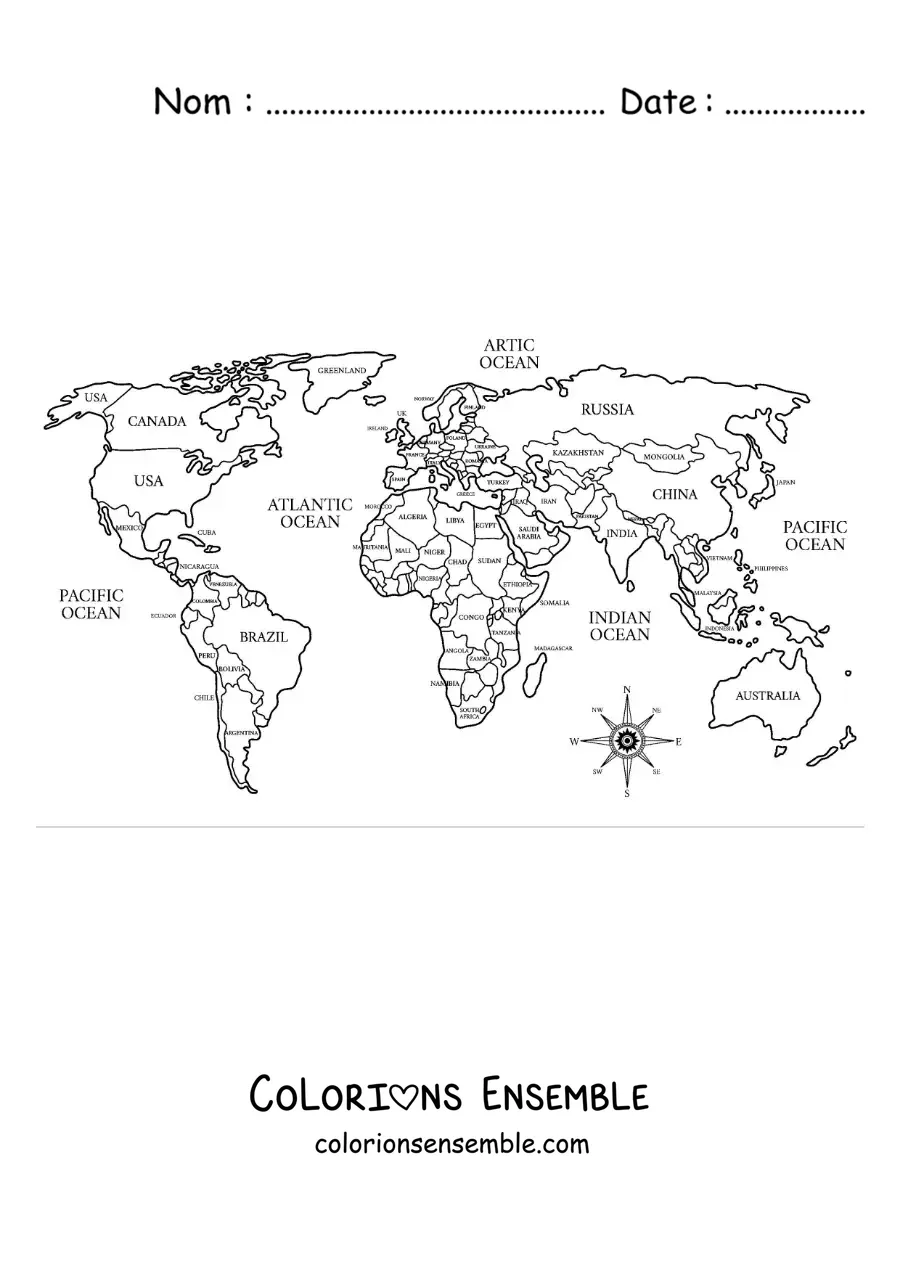 Image à colorier d'une carte du monde politique avec les noms des pays