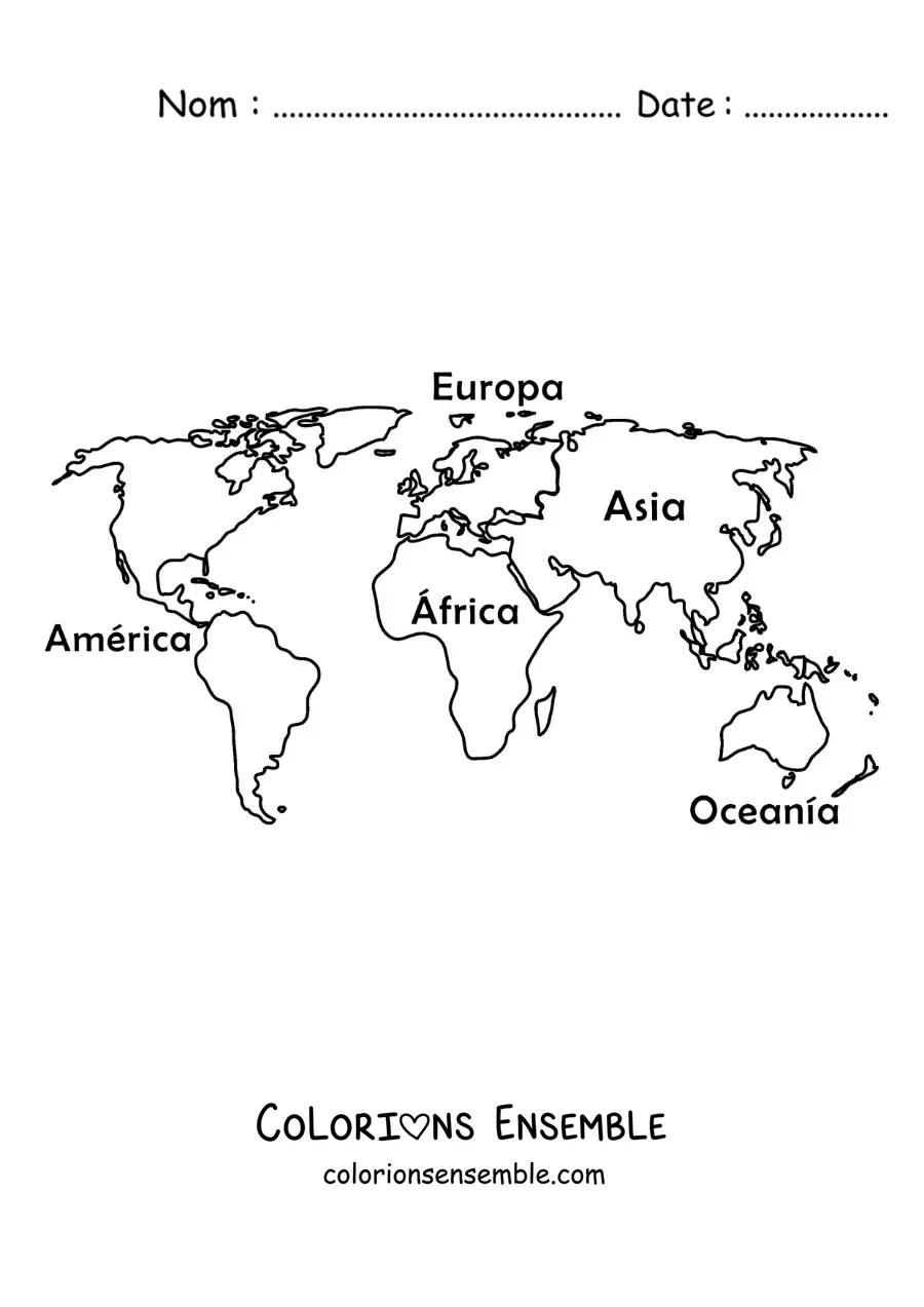 Image à colorier d'une carte du monde avec les noms des continents