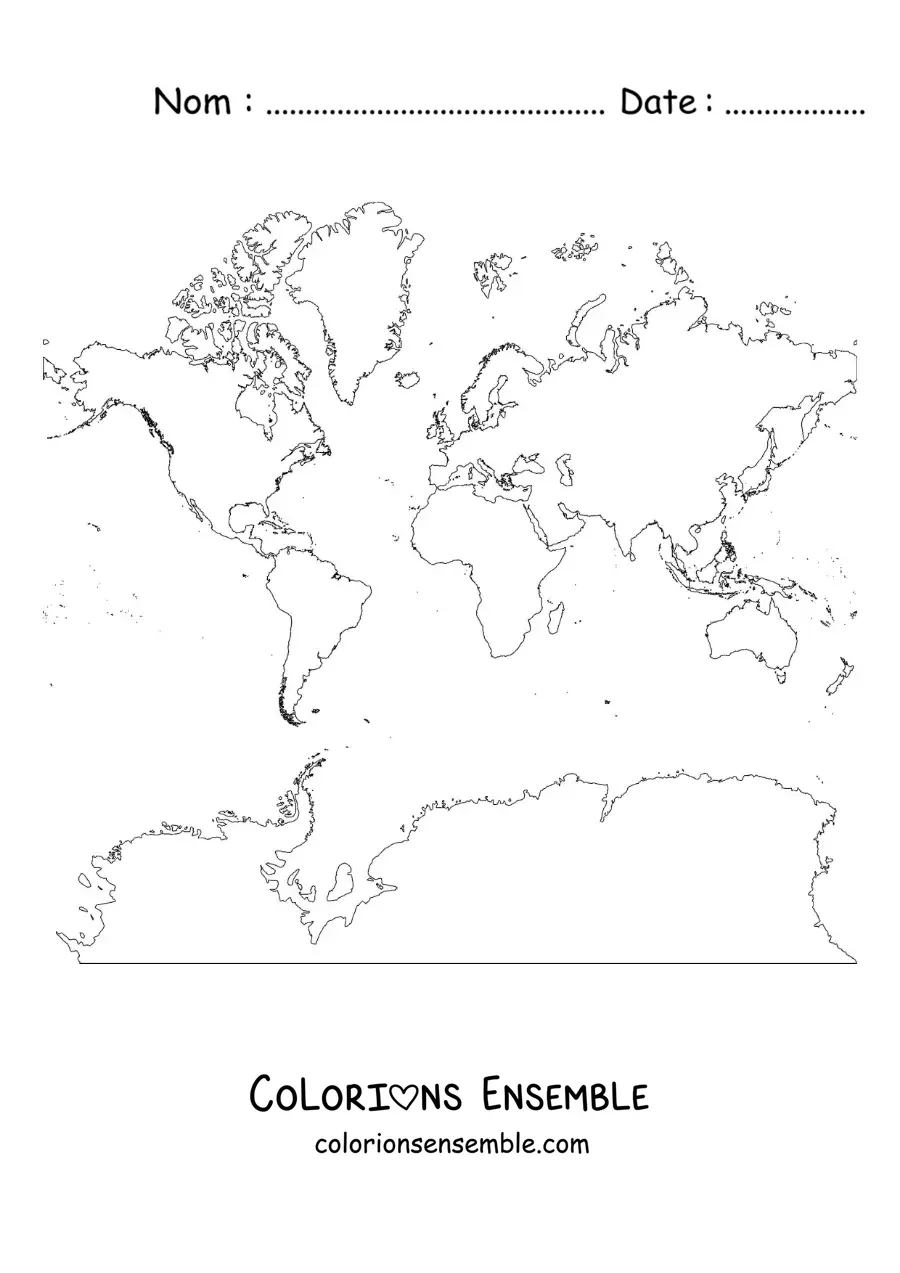Image à colorier d'une carte du monde de Mercator avec l'Antarctique