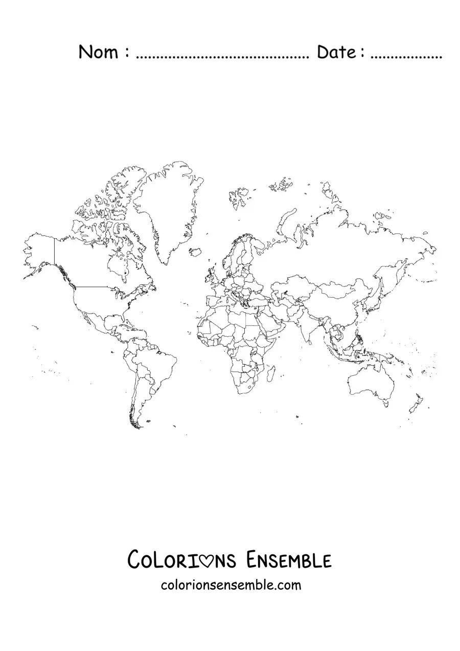 Image à colorier d'une carte du monde politique de Mercator